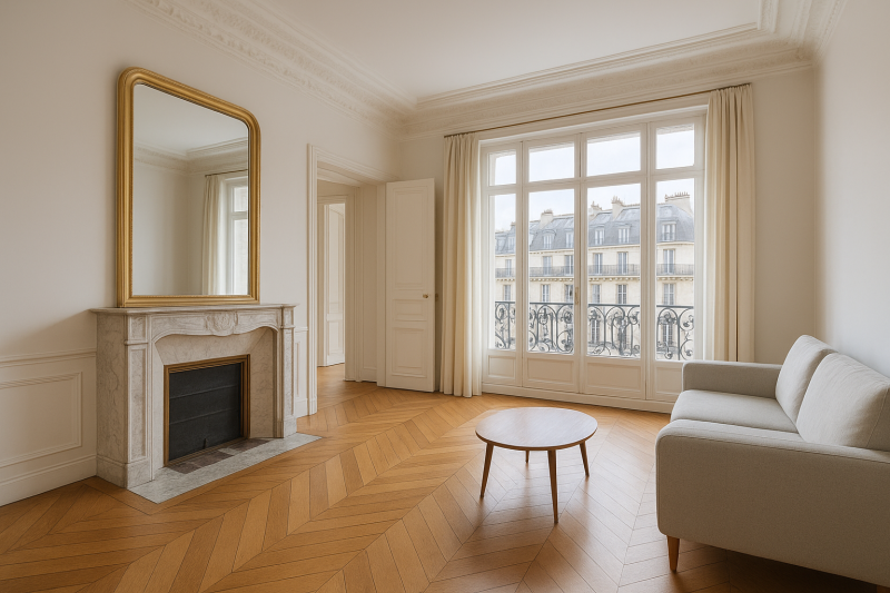Estimation sur mesure d’un appartement haussmannien avec balcon filant, cheminée en marbre et parquet point de Hongrie quartier Ternes Paris 17e.