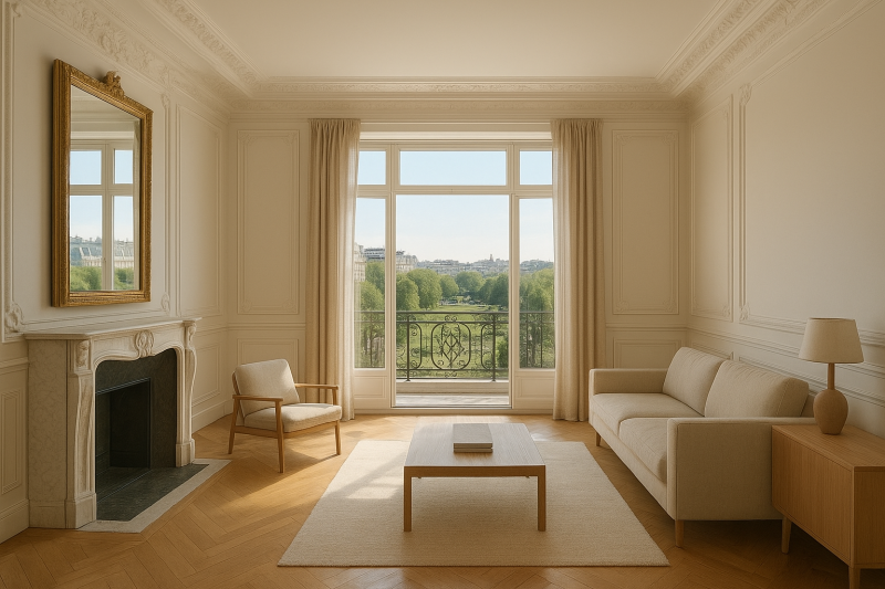 Recherche appartement haussmannien de luxe 4 chambres, triple réception, balcon filant, dressing et vue sur Parc Monceau Paris 8e.
